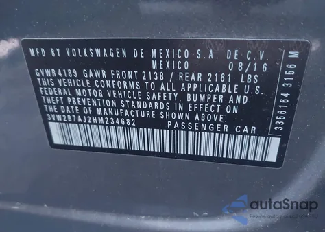 2017 Volkswagen Jetta 1.4T S z USA, uszkodzony, nr VIN 3VW2B7AJ2HM234682